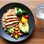 **Athlete's Diet:** A vibrant and nutritious spread featuring grilled chicken breast, brown rice, avocado, mixed nuts, colorful vegetables and fresh fruits, demonstrating a balanced high-protein, complex carbohydrate, and healthy fat meal.  Include a clear glass of water.