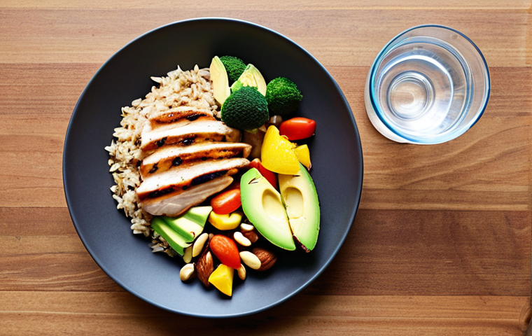 **Athlete's Diet:** A vibrant and nutritious spread featuring grilled chicken breast, brown rice, avocado, mixed nuts, colorful vegetables and fresh fruits, demonstrating a balanced high-protein, complex carbohydrate, and healthy fat meal.  Include a clear glass of water.