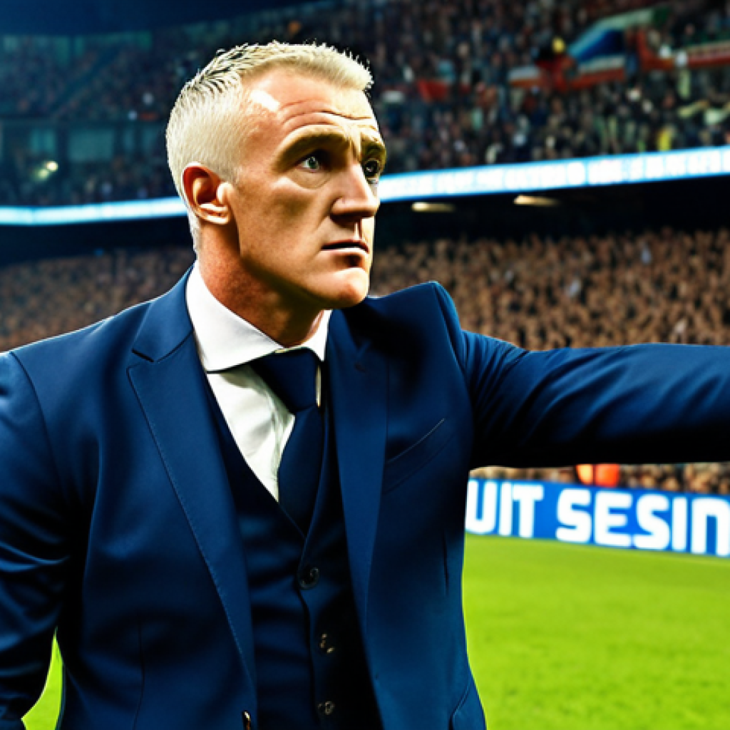 **

"Didier Deschamps, dynamic pose on the sidelines during a tense football match, wearing a sharp suit, intense gaze, stadium lights, strategic hand gestures, visualizing tactical adjustments in real-time, conveying leadership and calm under pressure, impressionistic painting style."

**