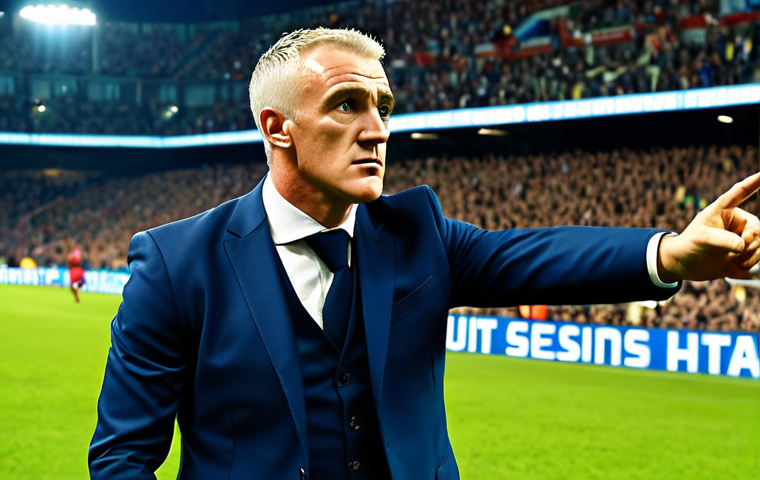**

"Didier Deschamps, dynamic pose on the sidelines during a tense football match, wearing a sharp suit, intense gaze, stadium lights, strategic hand gestures, visualizing tactical adjustments in real-time, conveying leadership and calm under pressure, impressionistic painting style."

**